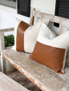 Faux Warm Brown Leather Stripe & Linen Pillow Cover