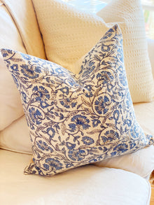  Tina Blue Textured Floral Linen Pillow Cover