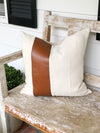 Faux Warm Brown Leather Stripe & Linen Pillow Cover