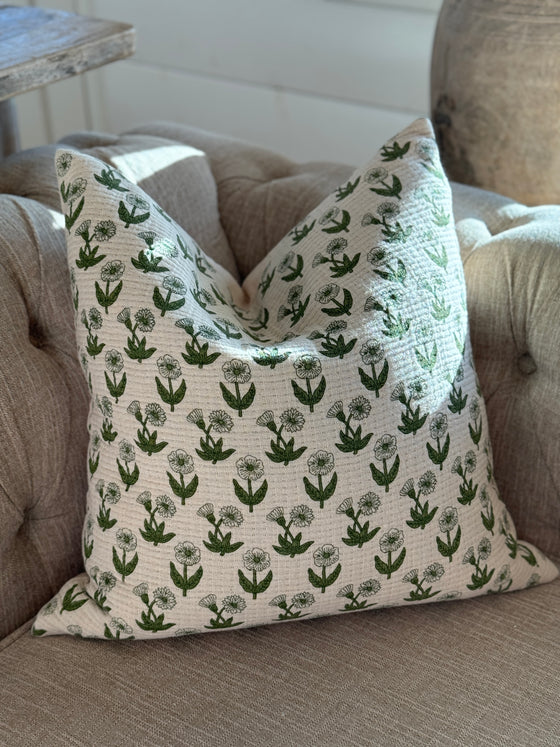 Handblocked Olive Floral Linen Pillow Cover