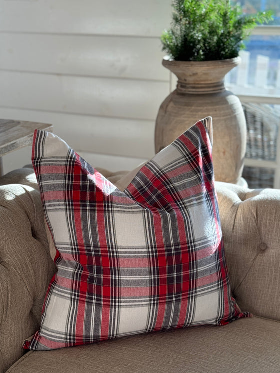 Grey and Red Plaid Linen Pillow Cover