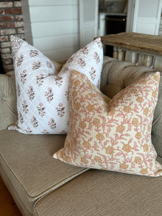 Sadie Floral Quilted Handblock Linen Pillow Cover