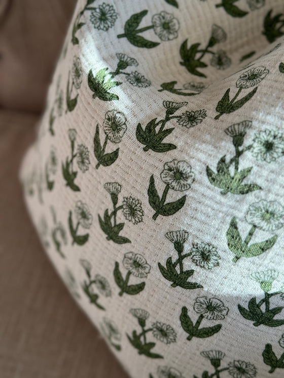 Handblocked Olive Floral Linen Pillow Cover