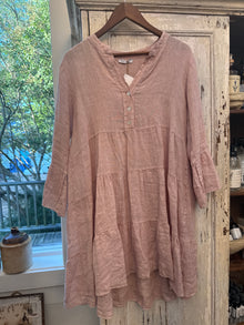  Pink French Linen Ruffle Dress