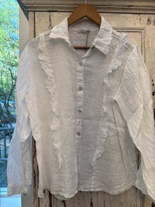  White Eyelet Linen Ruffle Blouse