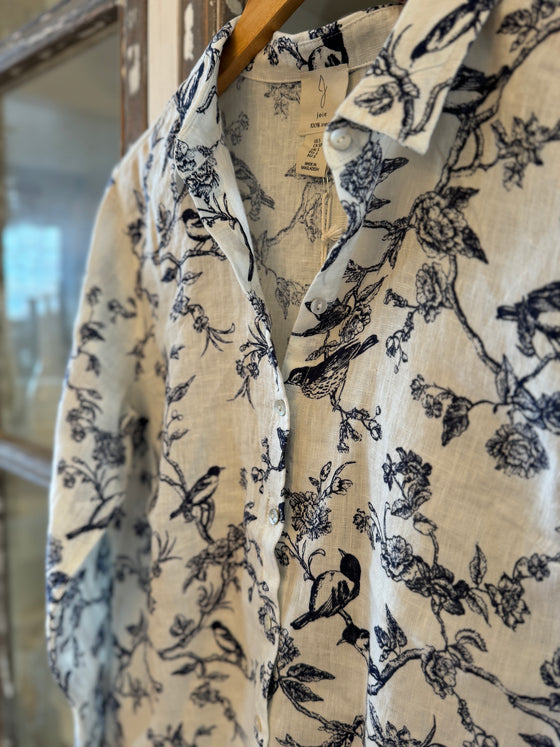 Vintage Floral Bird Linen Blouse