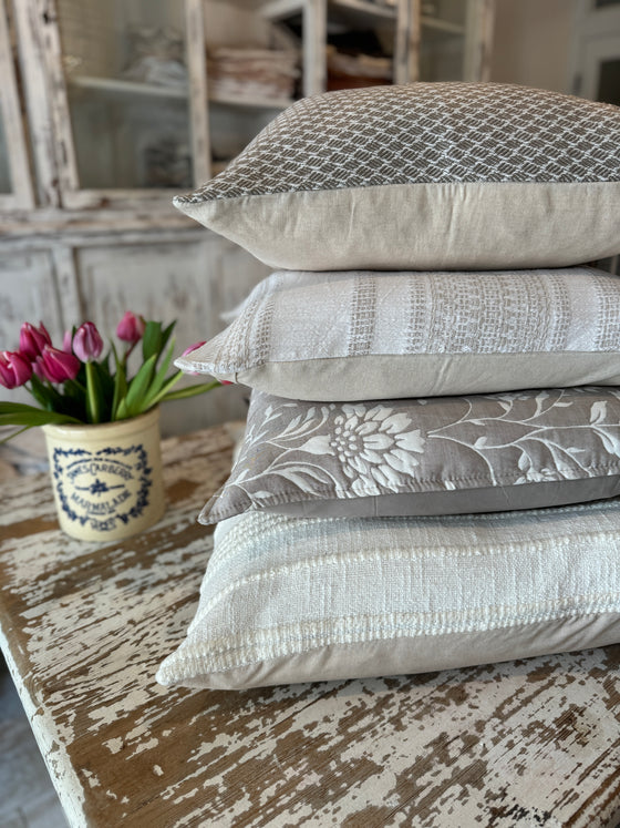 Tina Taupe Grey with White Floral Linen Pillow Cover