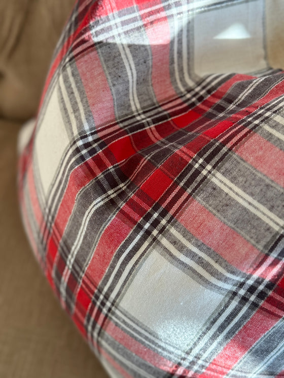 Grey and Red Plaid Linen Pillow Cover