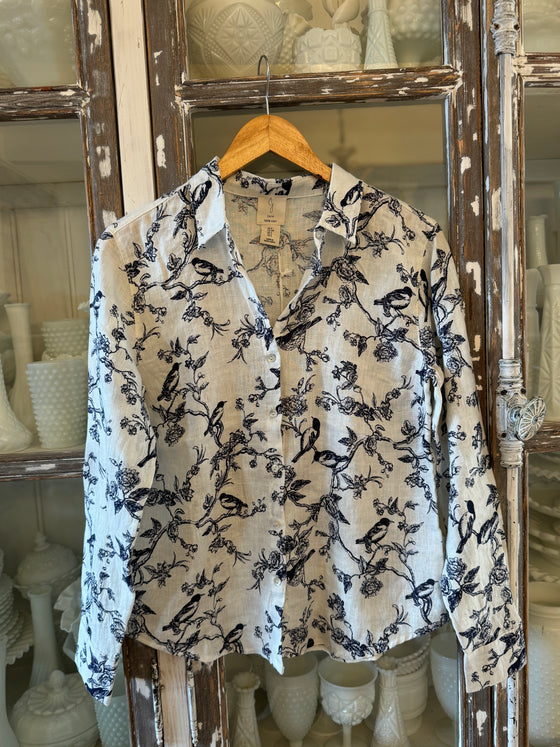 Vintage Floral Bird Linen Blouse