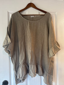 Taupe Linen Ruffle Tunic Blouse