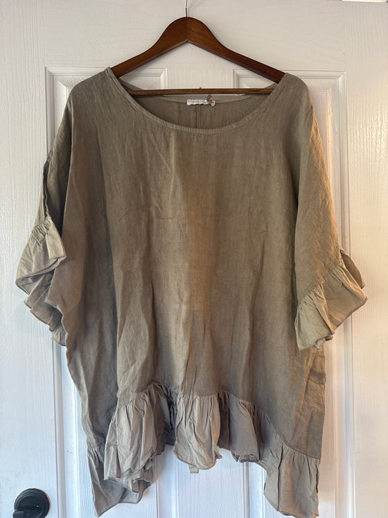 Taupe Linen Ruffle Tunic Blouse