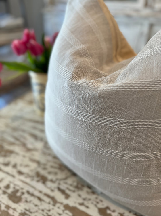 Embroidered Light Grey & White Linen Pillow Cover