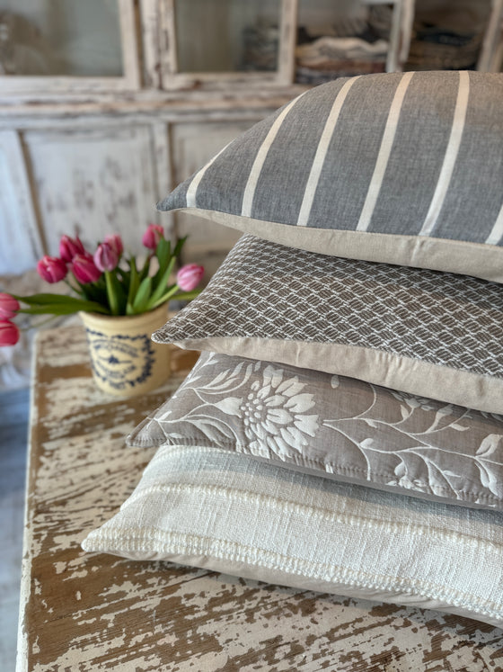 Tina Taupe Grey with White Floral Linen Pillow Cover