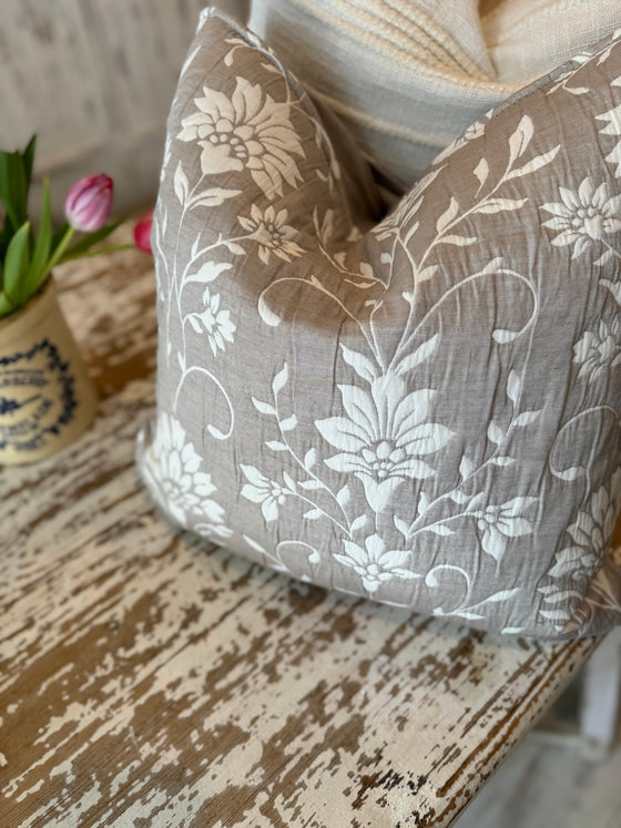 Tina Taupe Grey with White Floral Linen Pillow Cover