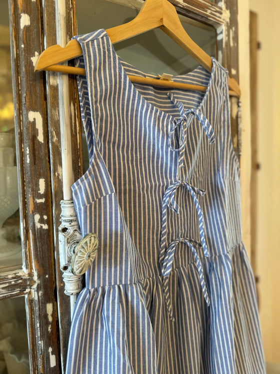 Light Blue and White Stripe Linen Bow Dress