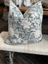 Dusty Blue Handblocked Floral Linen Pillow Cover