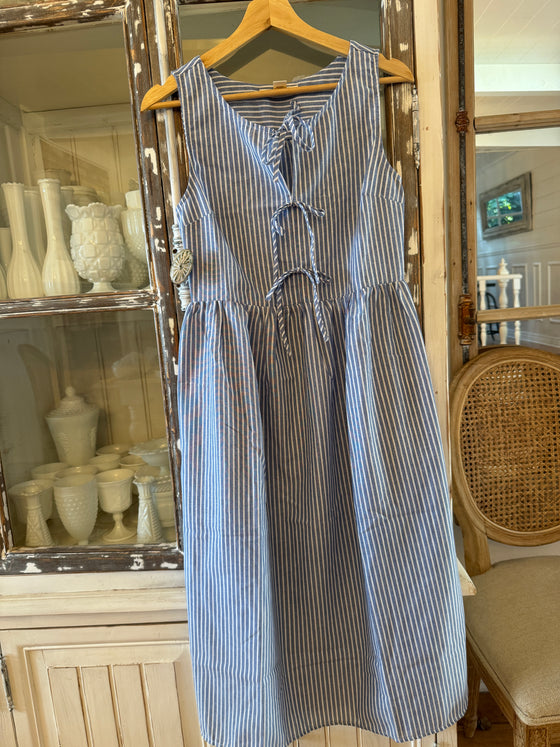 Light Blue and White Stripe Linen Bow Dress