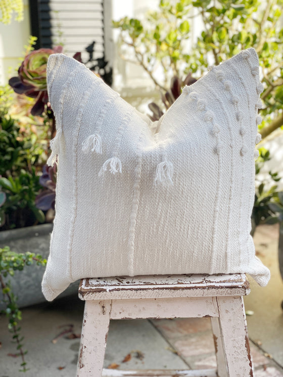 Tassel Designer White Cotton Textured Pillow Cover