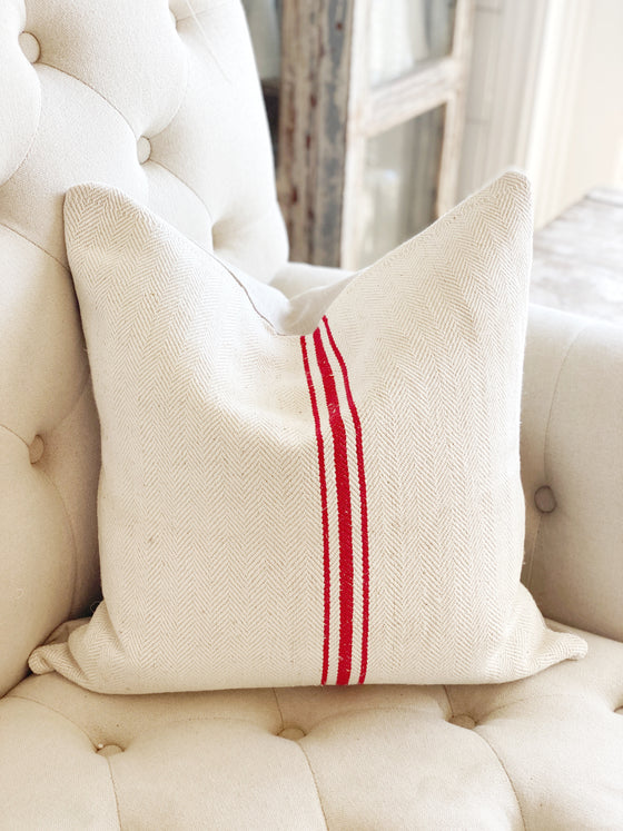 Vintage Red & White European Grain Sack Pillow Cover