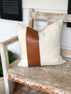 Faux Warm Brown Leather Stripe & Linen Pillow Cover
