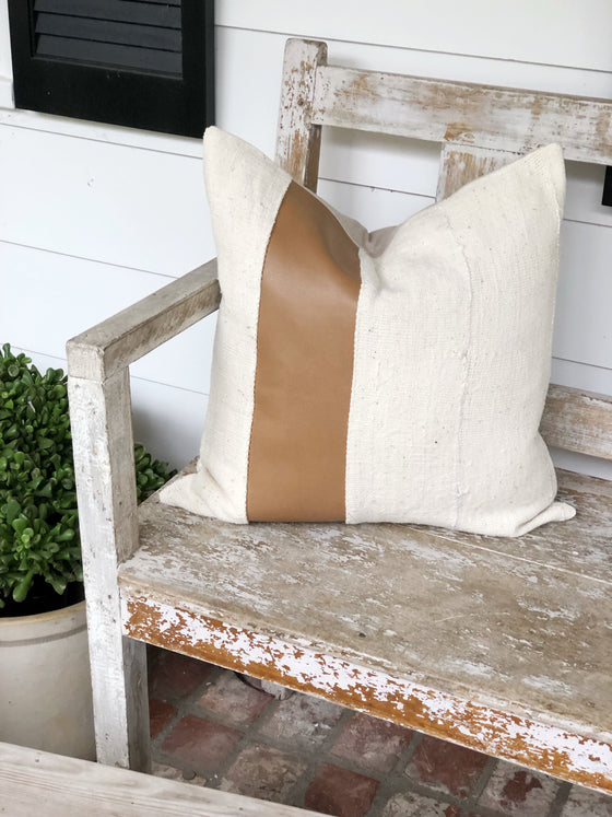 Faux Carmel Leather Stripe & Linen Pillow Cover
