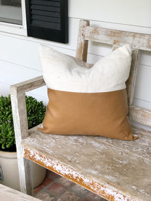  Half & Half Carmel Leather Stripe & Linen Pillow Cover