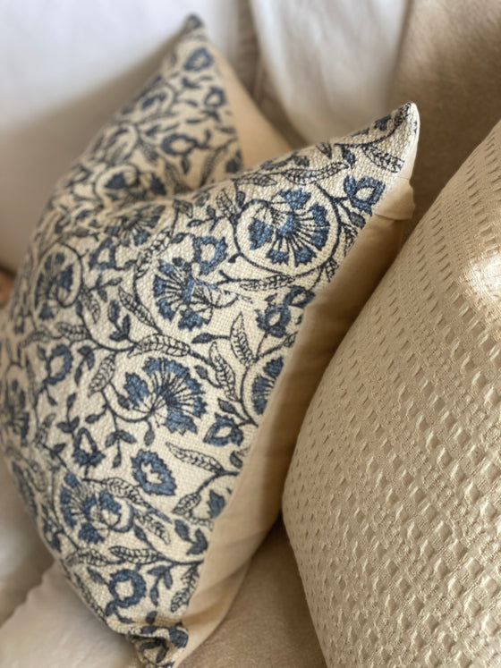 Tina Blue Textured Floral Linen Pillow Cover