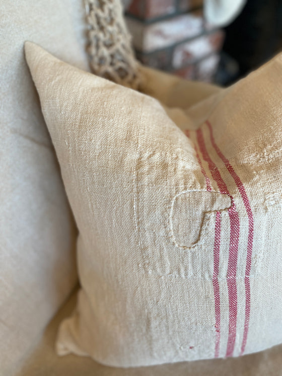 Hand-Stitched Vintage Grain Sack Pillow Cover