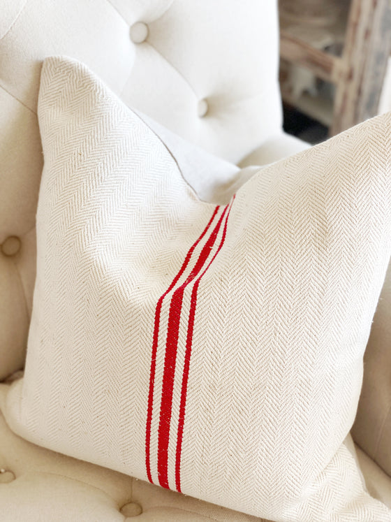 Vintage Red & White European Grain Sack Pillow Cover
