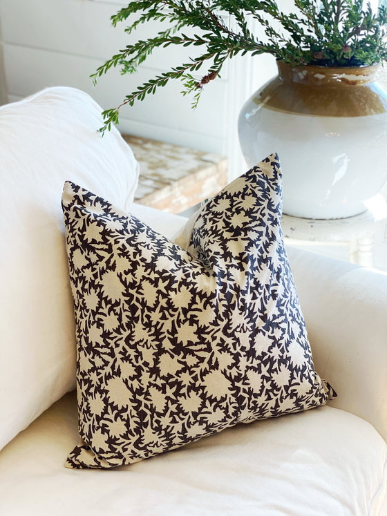 Marie Dark Grey Handblocked Linen Pillow Cover