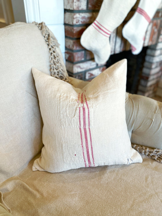 Hand-Stitched Vintage Grain Sack Pillow Cover