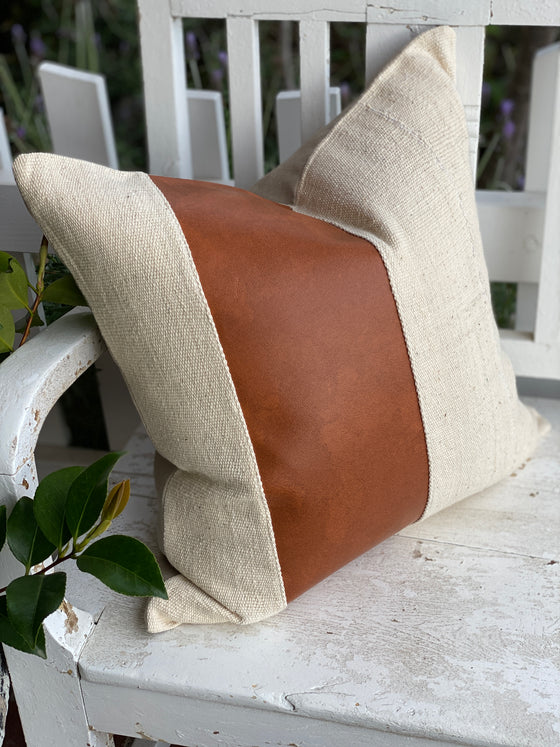 Rust Faux Leather & White Stripe Mud Cloth Pillow Cover