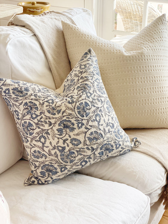 Tina Blue Textured Floral Linen Pillow Cover