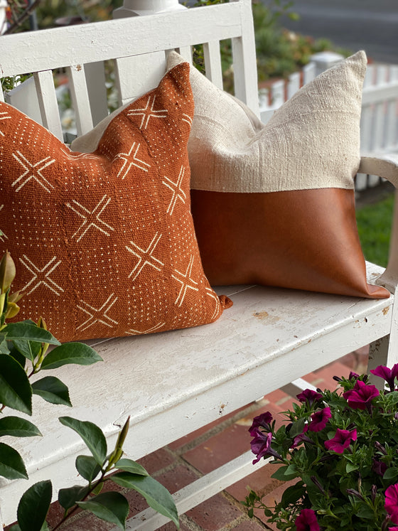 Rust Faux Leather & White Half Mud Cloth Pillow Cover